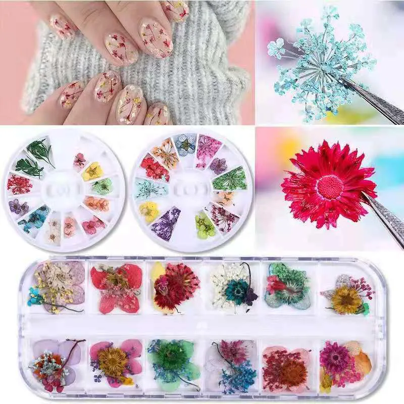 1 Box 3D Nagelkunst Dekorationen Aufkleber Rosa Gelb Lila Bunte Konservierte Frische Getrocknete Blumen DIY Design Zubehör Nägel Tipps