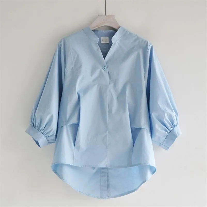 Yaz Kore Moda Kadınlar Beyaz V Yaka Gömlek Artı Boyutu Fener Kol Gevşek Bluzlar Geri Bölünmüş Düğme Gömlek Bayanlar Tops D326 210225