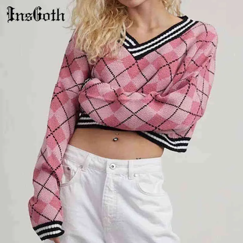 Insgoth Y2K Crop Top Argyle Sweatshirt Harajuku sexy V sexy V Sweater Suéter Preppy Style Prededora Madeirada Pullover Outono Roupa Y1110