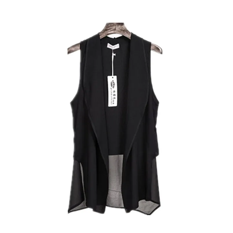 Asymmetri Vit Sommar Lång Chiffon Västar För Kvinnor Koreansk Fashion Ärmlös Cardigan Kvinna Vest Waistcoat Black Jacket Coat 210817