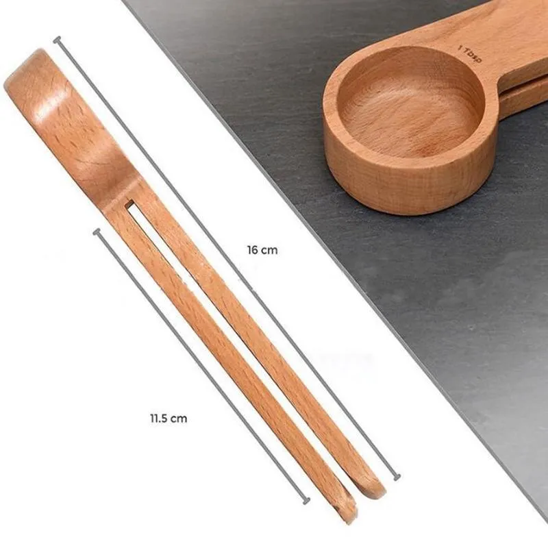 16cm 2 in 1 Wooden Coffee Scoop and Bag Clip Solid Beech Wood Measuring Spoon Coffee Bags Sealer Suitable for Ground Beans