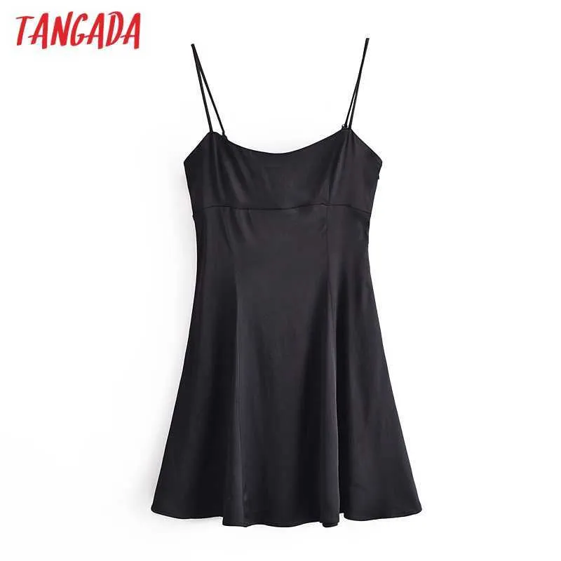 Tangada Women Black Satin Short Dress Strap Adjust Sleeveless Korean Fashion Lady Party Dresses Vestido 3H281 210609