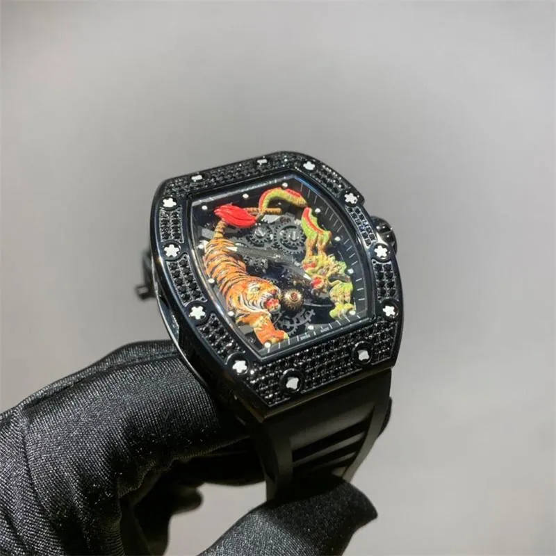 Men's Dragon Tiger flywheel mechanical full drill watch natural tape butterfly buckle 42mm