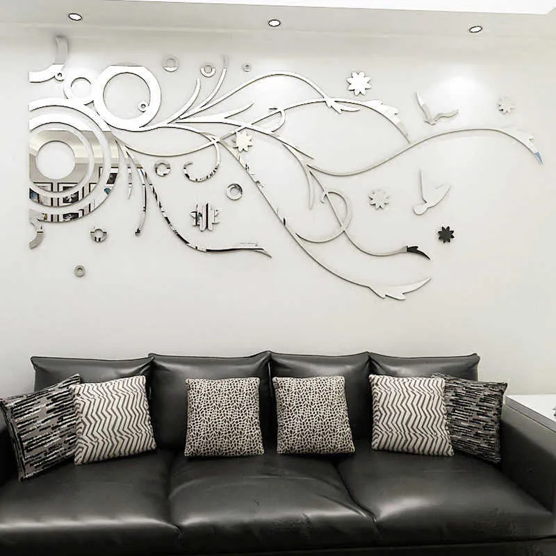LELE LIFE Black Acrylic Mirror Wall Sticker – Flower Vine Design, Self-Adhesive – Home Decor