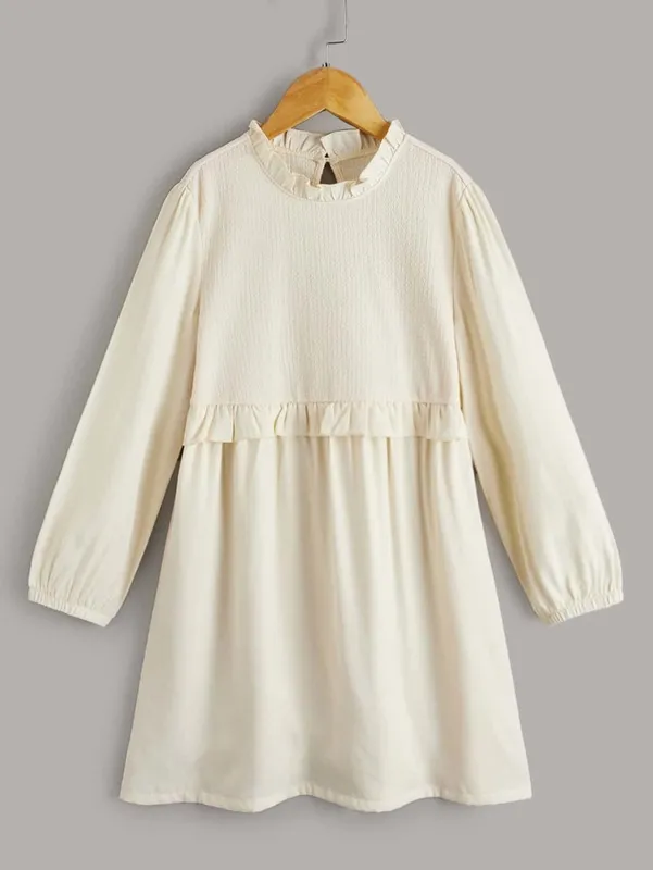 Girls Frill Trim Keyhole Back Smock Dress SHE