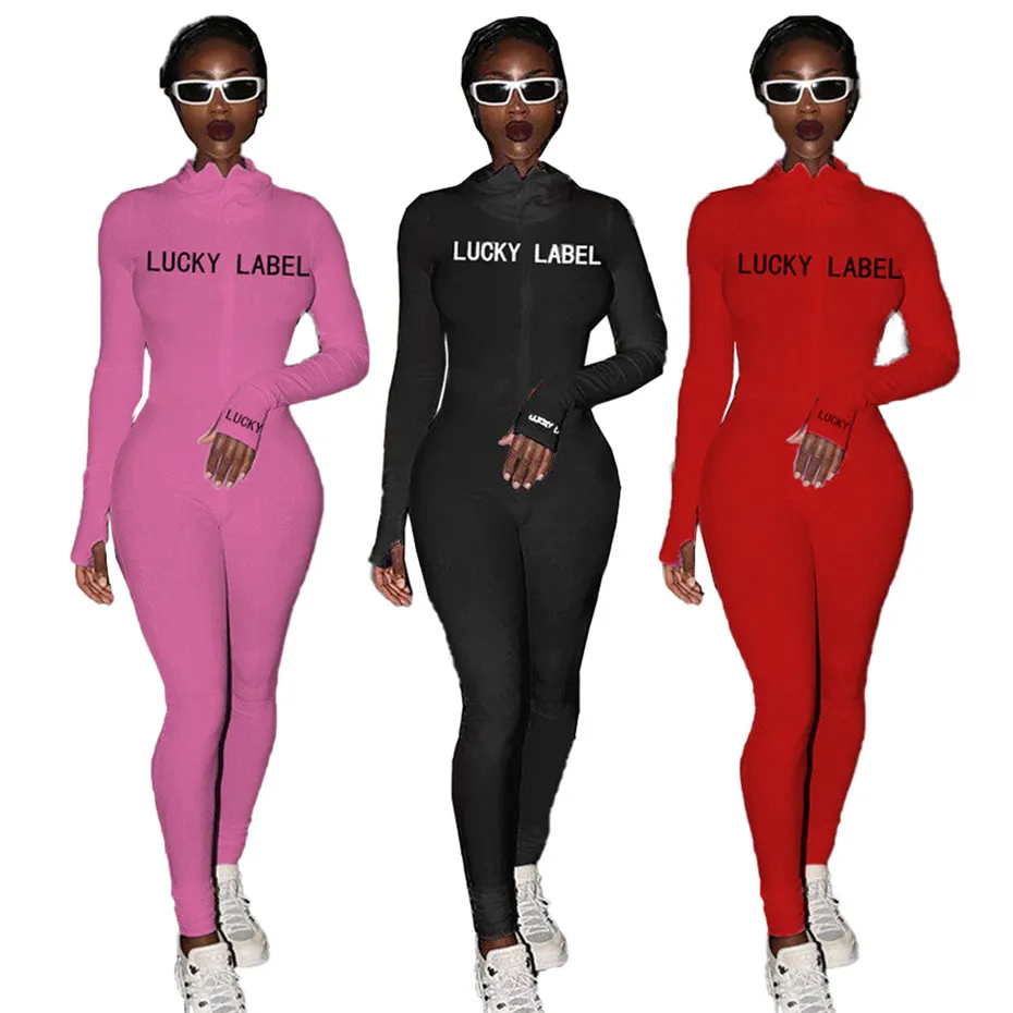 Bulk Clothes Letter Embroider Zipper Jumpsuits Onesies Casual Sport Long Sleeve Spring Rompers Fashion Skinny Solid Playsuit K8695