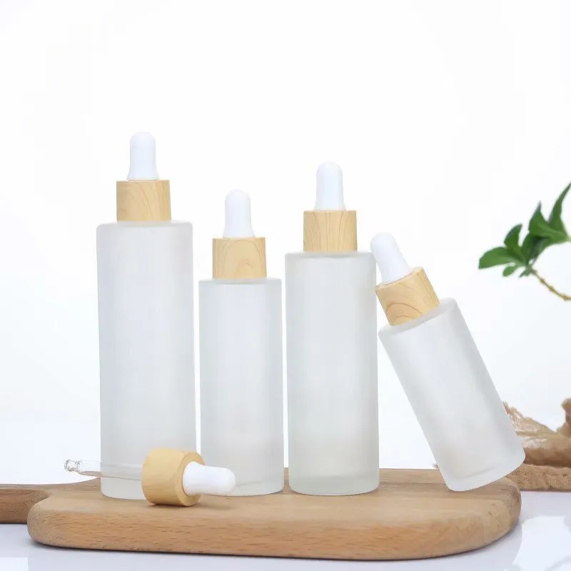 Frosted Clear Glass Dropper Bottle Essential Oil Cosmetic Packing Bottles with Imitated Wooden Lid 20ml 30ml 50ml 60ml 100ml