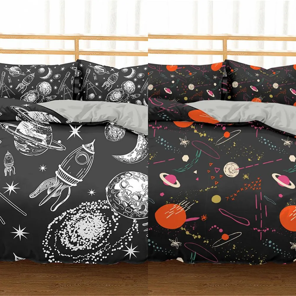 Homesky Planet Space Bedding Sets Cartoon Universe Duvet Cover Bedding Set King Queen Bed Linen Bedclothes Dropshipping C0223
