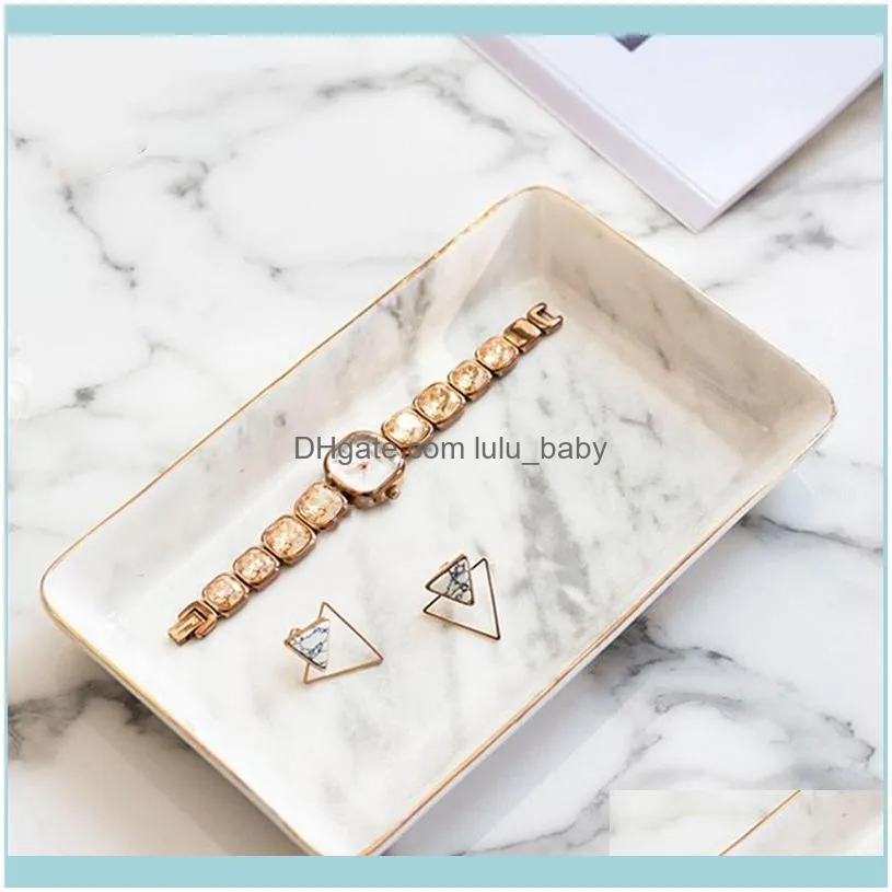 Jewelry Pouches, Bags Marble Ceramic Tray Ring Necklace Display Desktop Storage Box, Gold Edge Wedding Valentine`s Day Gift