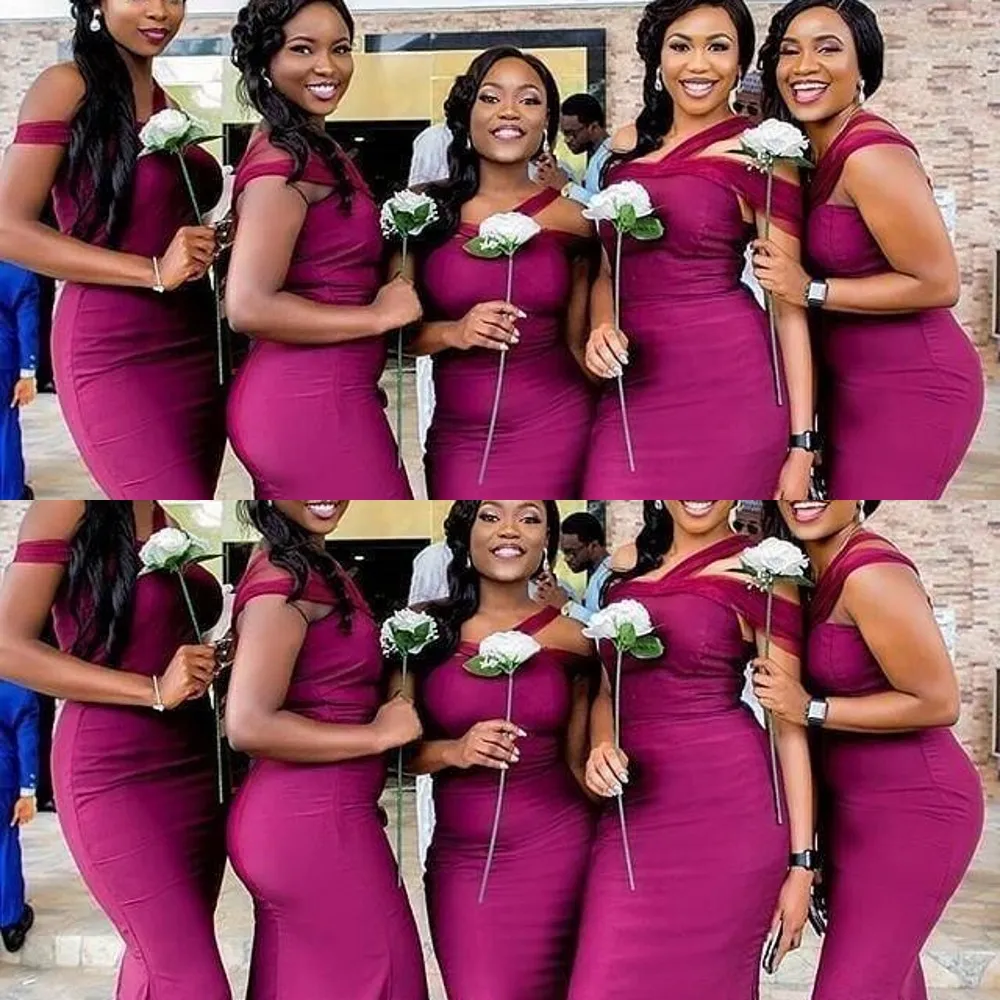 2021 새로운 저렴한 아프리카 인어 포도 긴 신부 들러리 드레스 숄더 새틴 얇은 명주 그물 플러스 크기 맞춤 웨딩 게스트 하녀의 명예 가운