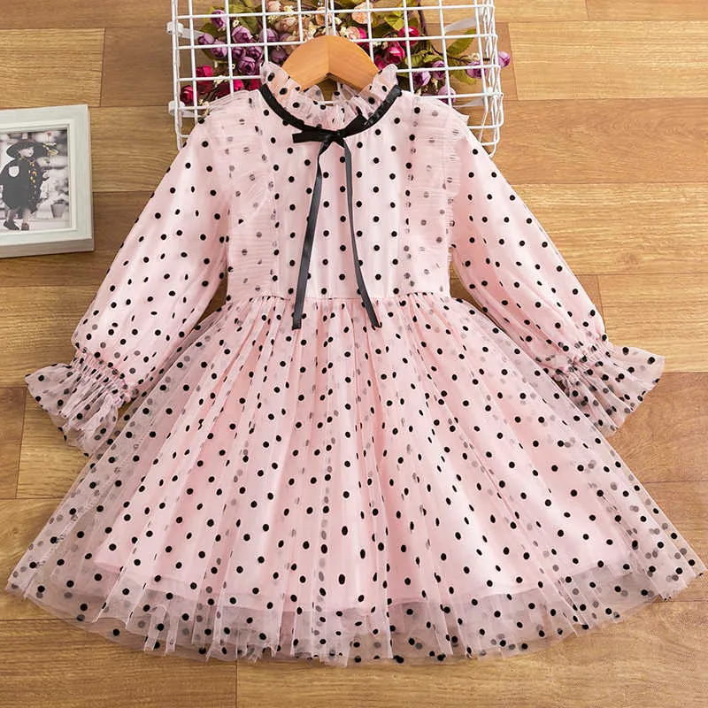 3-8 Year Old Girl Dress Pink Dot and Flower Pattern Fall Party Dress for  Children