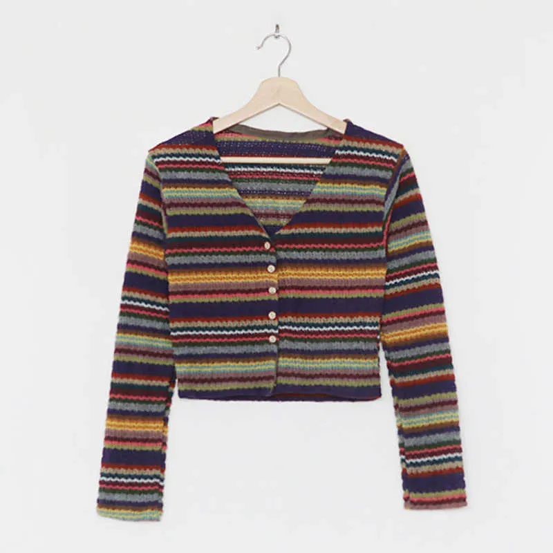 Flectit Womens Vintage Multi Striped Cardigan Button Up Crop Sweater Slim Fit Knitted Top Korean Fashion Alternative Girl Outfit 210918