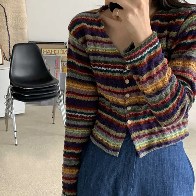 Flectit Womens Vintage Multi Striped Cardigan Button Up Crop Sweater Slim Fit Knitted Top Korean Fashion Alternative Girl Outfit 210918