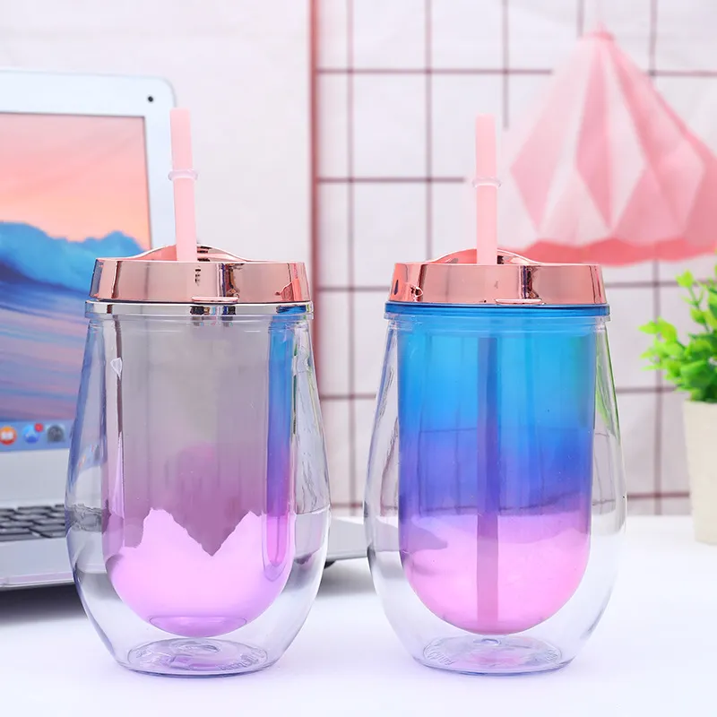 12oz 350ml Plastic Iridescent Drinking Glasses Stemless Wine Glass With Straws Double Layer U Egg Shell Cup Swig Cute Plastic Cup Sea Ship RRB12517 From Liangjingjing home 2.33 DHgate.Com