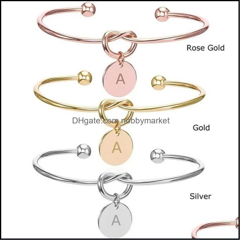 New 26 Initial Letter charm Open Bracelets For Women Gold Silver Rose Gold Alphabet Tie knot Wire Cuff Bangle Fashion DIY Jewelry