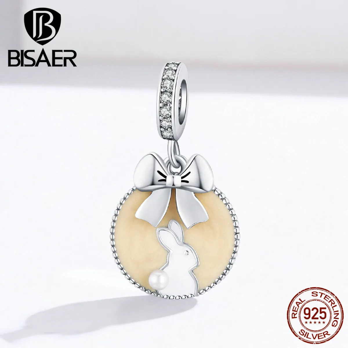 BISAER New Arrival 925 Sterling Silver Pendant Rabbit Engraved & Bowknot Charms Original Silver 925 Jewelry Making ECC1439 Q0531