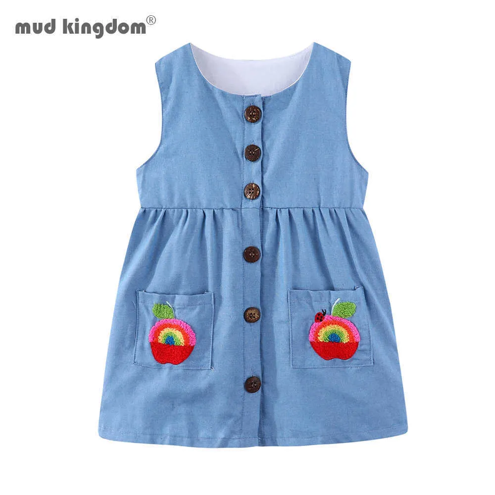 Mudkingdom Yaz Kız Jumper Elbise Nakış Gökkuşağı Apple Tankı Yelek ES Düğmeleri Ile O-Boyun Bebek Kız Çocuklar 210615