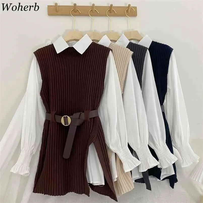 Woherb Korean Spring Autumn Women Knitted Sweater Vest + White Blouse Casual Belt Suit Two Pieces Set Office Lady Outfits 210917