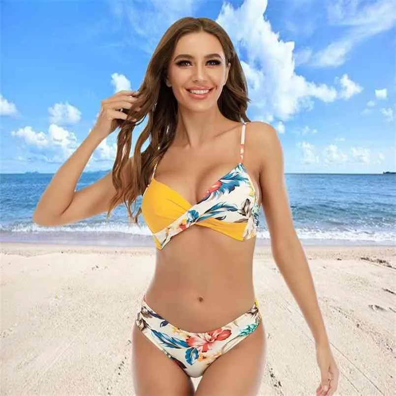 Bikini Sets Swimsuit Women Sexy Thong Lace Up Mid-Waist Two Pieces Push Swimwear Floral Wrap Beach Bathing Suits 210722