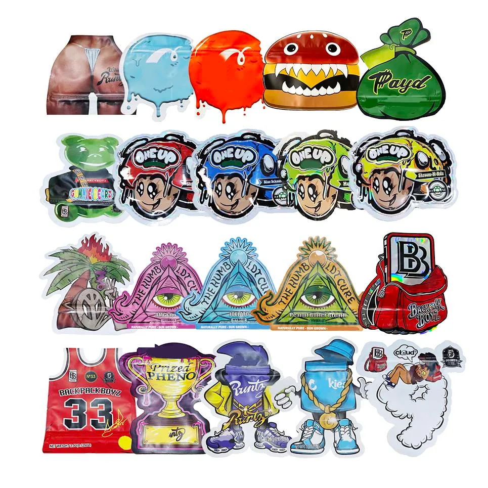 cut out special-shaped packaging bags 3.5g irregular cartoon backpack boyz cookie head resealable smell proof one up holographic zipper plastic package