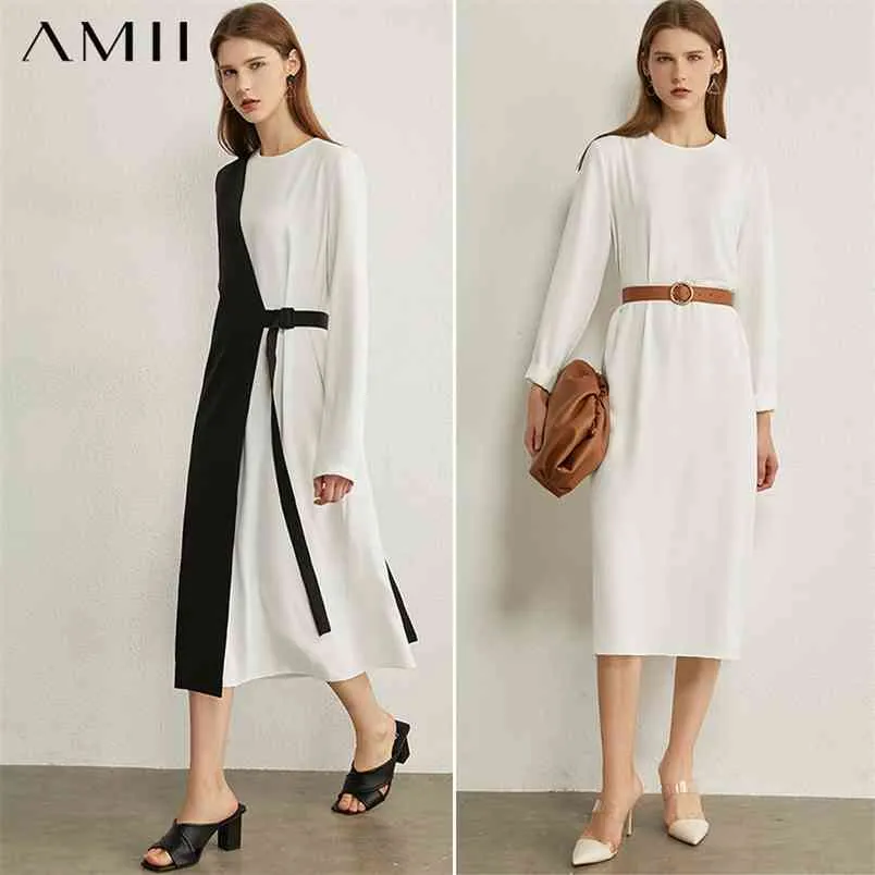 Minimalizm İlkbahar Sonbahar 2 adet Set Elbise Nedensel Oneck Aline Gevşek Bandaj Buzağı Uzunlukta Kadın Şifon 12040464 210527