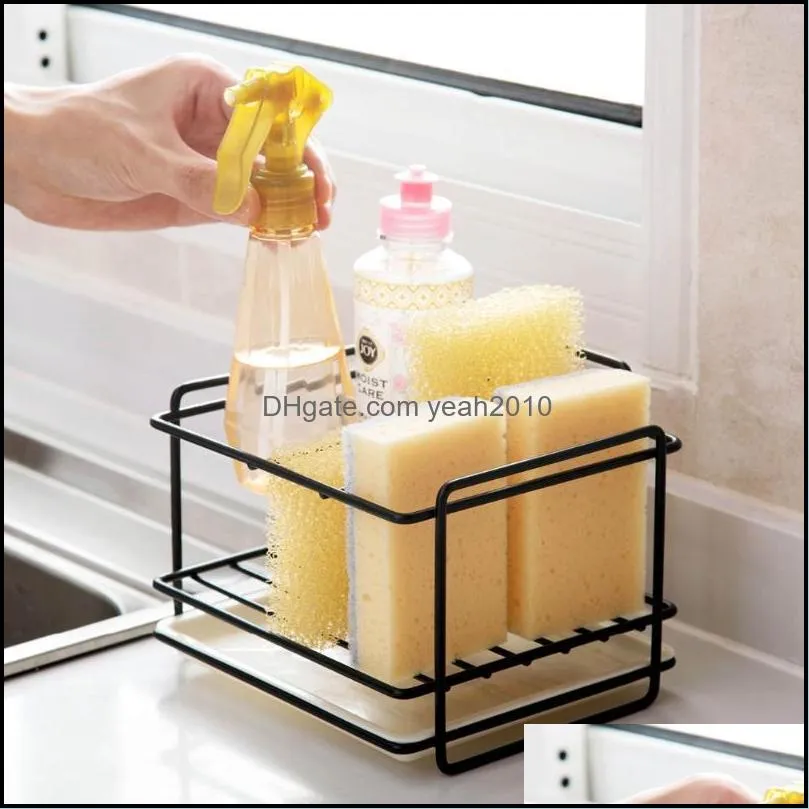 Kitchen Storage & Organization Iron Sponge Holder Draining Racks Stand Rack Sink Brush Cleaning Rag Shelf With Tray Accessories