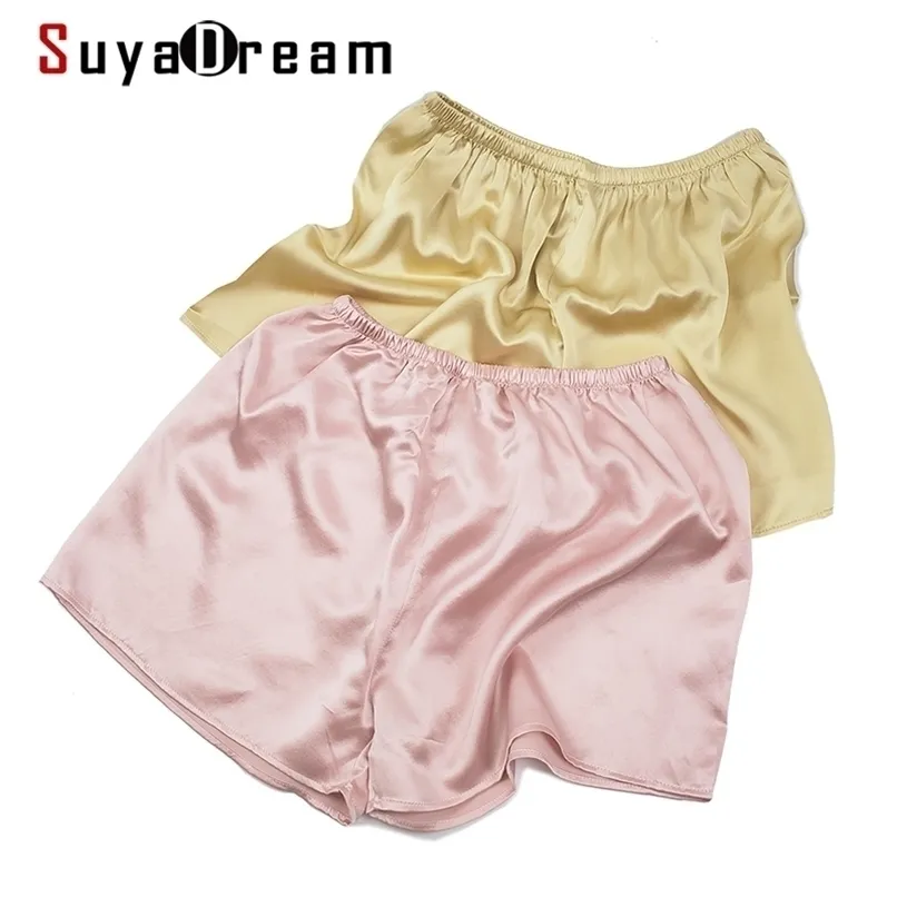 Suyadream kvinna silke shorts 19mm 100% silke satin Bekväm hälsosam elastisk midja hem vår sommar solid kort 210724