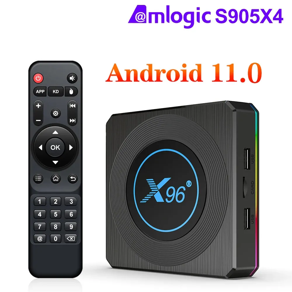 X96 x 4 AndroidスマートテレビボックスAmlogic S905X4 4GB 32GBクワッドコア2.4G / 5G WiFi BT4.1 AV1 8KメディアプレーヤーホームムービーカラフルなRGBライトAndroid11 TVボックス