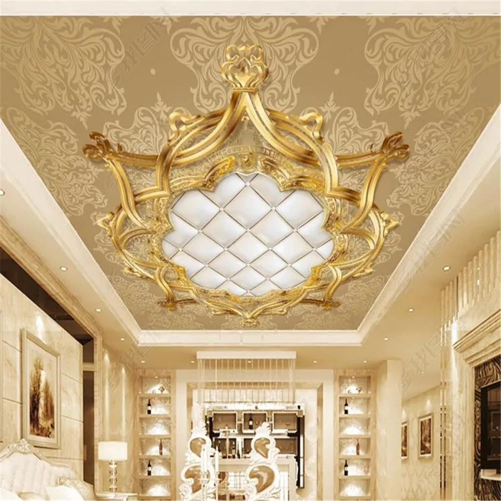Gold 3D Teto papel de parede estilo europeu saco macio wallpapers para sala de estar quarto 3d teto wall papers home decor