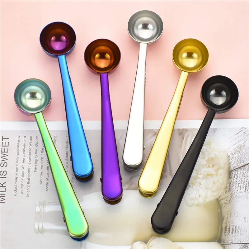 Stainless Steel Coffee Measuring Spoon With Bag Seal Clip Multifunction Jelly Ice Cream Fruit Scoop Spoon Kitchen Accessories T9I001133