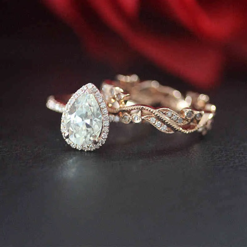 Set di anelli di fidanzamento Moissanit con taglio a pera in oro rosa 14K da 1,5 ct per matrimonio/anniversario/Moissanite/anello nuziale