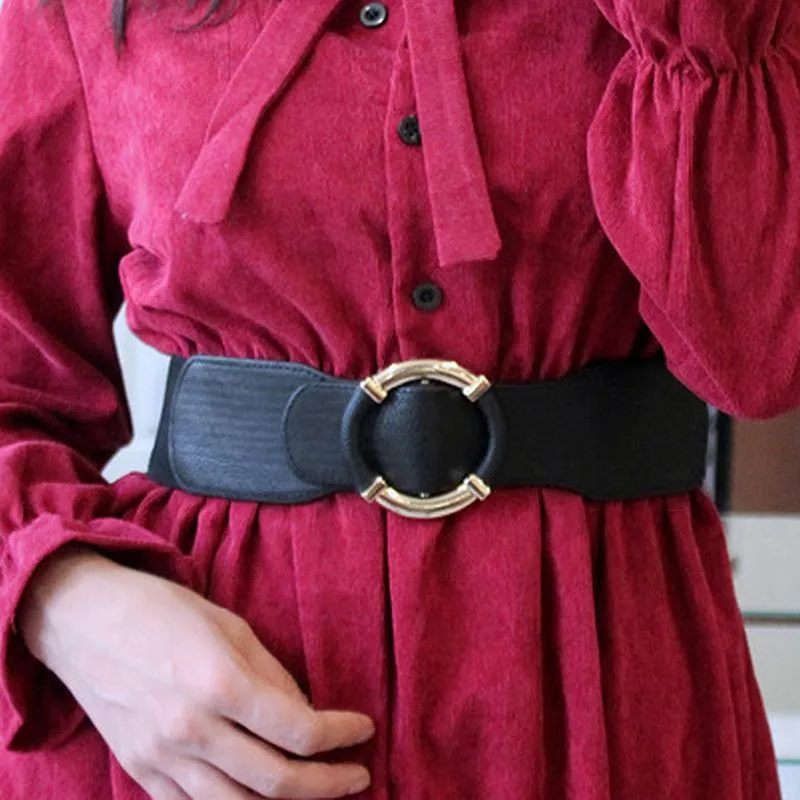 Cinturones para mujer Cinturón de moda Elástico Anillo de oro Hebilla Amplia Ropa Decoración Cintura PU Cuero