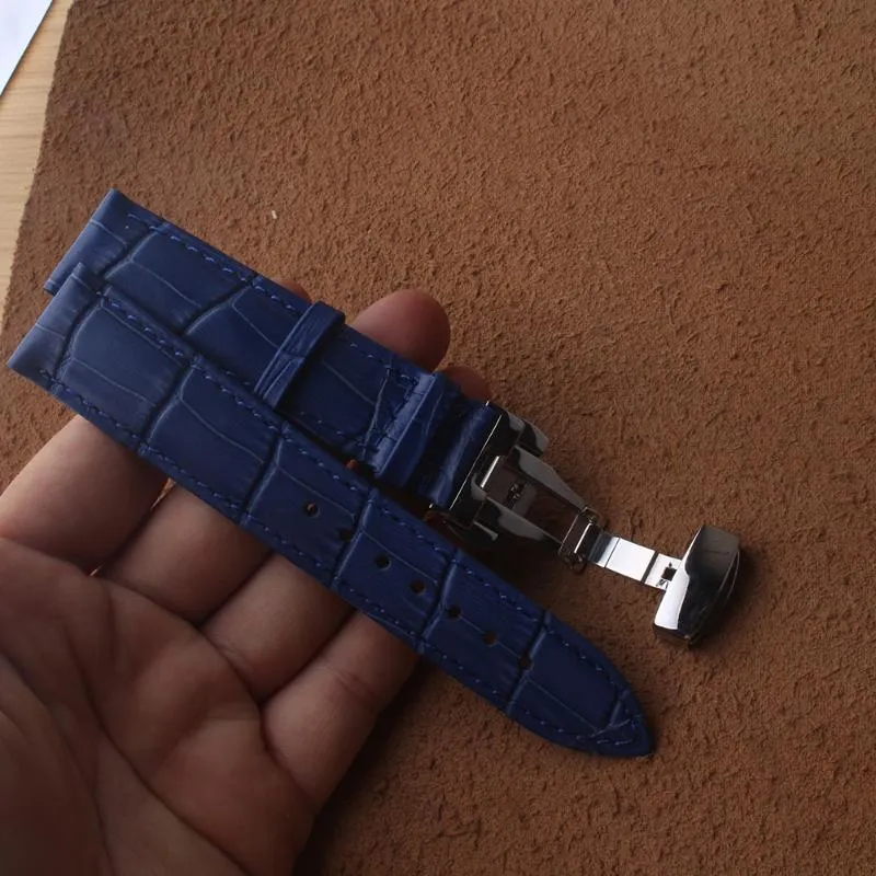 Watch Bands Dark Blue Genuine Cowhide Leather 14mm 16mm 18mm 20mm 22 Mm Watches Band Strap Belt Watchband Folding Clasp / Buckle + Tool