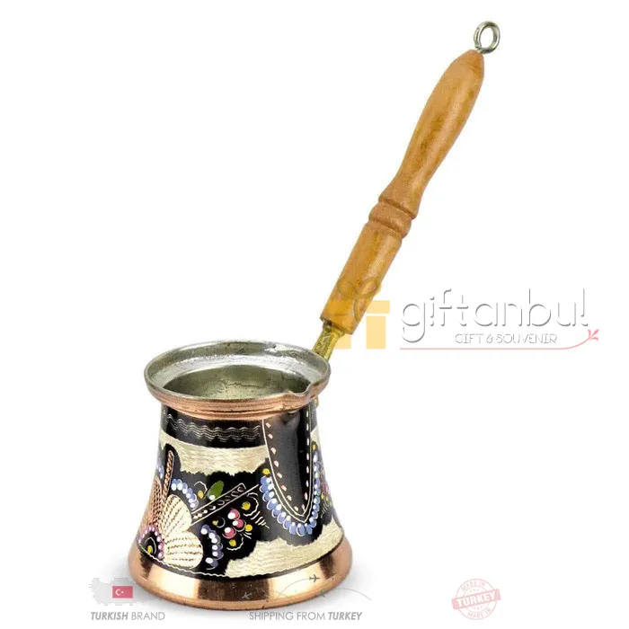 Турецкий медный кофе горшок ручной работы традиционный дизайн гравированной деревянной ручкой с вкладками османского арабского кофе эспрессо банок 210309