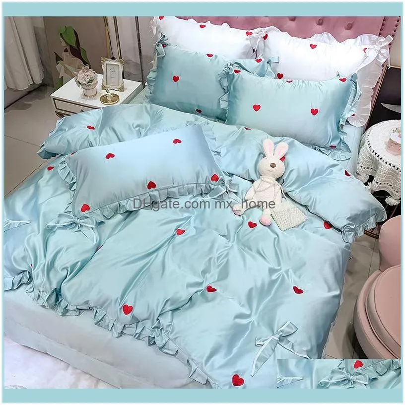 Bedding Sets Luxury Silk Cotton Love Embroidery Princess Set Ruffle Bow Duvet Cover Bed Fitted Sheet Pillowcases Home Textiles