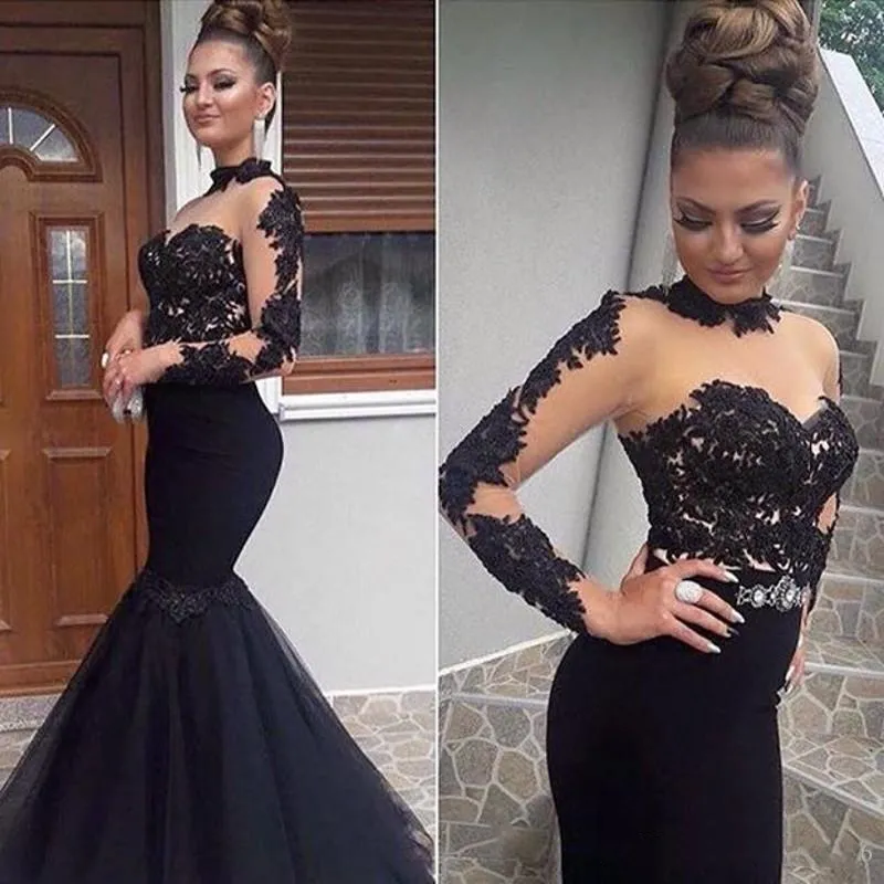 Stijlvolle Hoge Hals Zwart Prom Jurken Sexy See Through Tule Mermaid Long Formele Party Avondjurken Applicaties Lange Mouw Rits Dames Speciale Gelegenheden Jurk