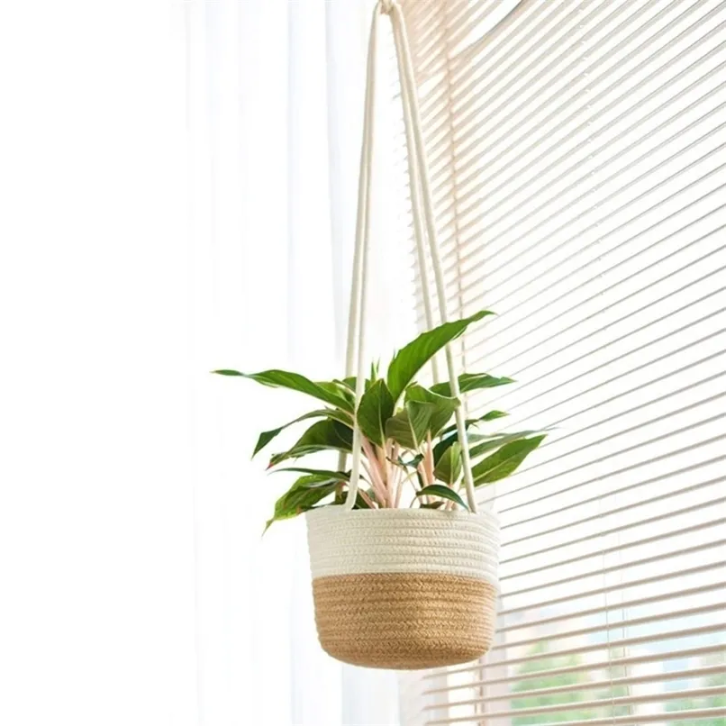 Cesta de plantador de suspensão handwoven com juta de algodão cordão indoor flor macrame organizador de armazenamento decoração home gota 211130