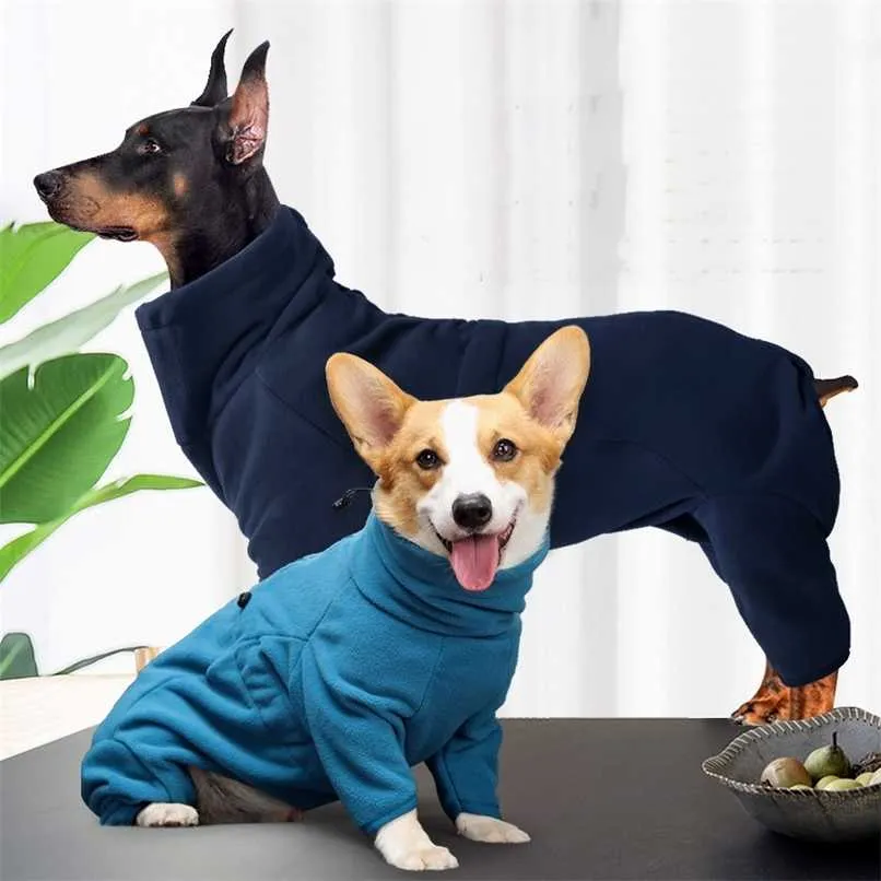 Cão de lã Hoodies roupas de inverno quente cão maciço longo pescoço colarinho casaco ajustável de quatro pernas camisola pet filhote de cachorro macacão jaqueta 211013