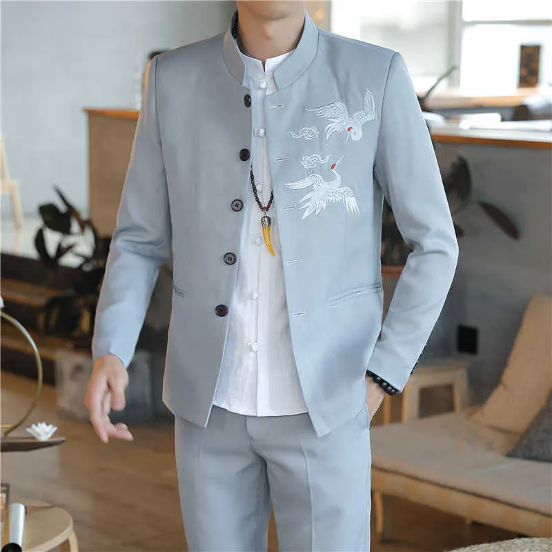 2 Pcs Set Suit Jacket Pants / 2021 Fashion Men's Casual Boutique Chinese Style Linen Stand Collar Dress Blazers Jacket Trousers X0909
