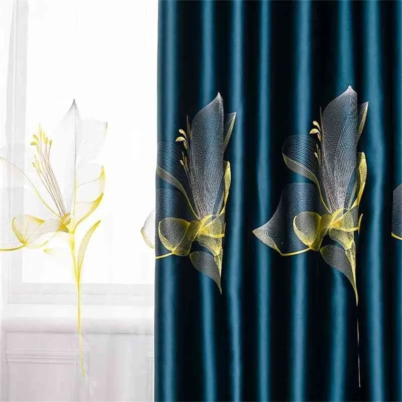 Royal Satin Lily Broderade gardiner för vardagsrum Sovrum Studera Hög skuggning High-end Nordic Curtain Tulle Custom 210913