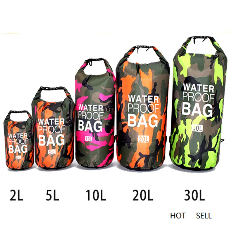 Camouflage Vattentät Ryggsäck Portable Outdoor Sport Rafting Bag River Tracing Swiming Bucket Dry Bag 2L 5L 10L 15L 20L 30L