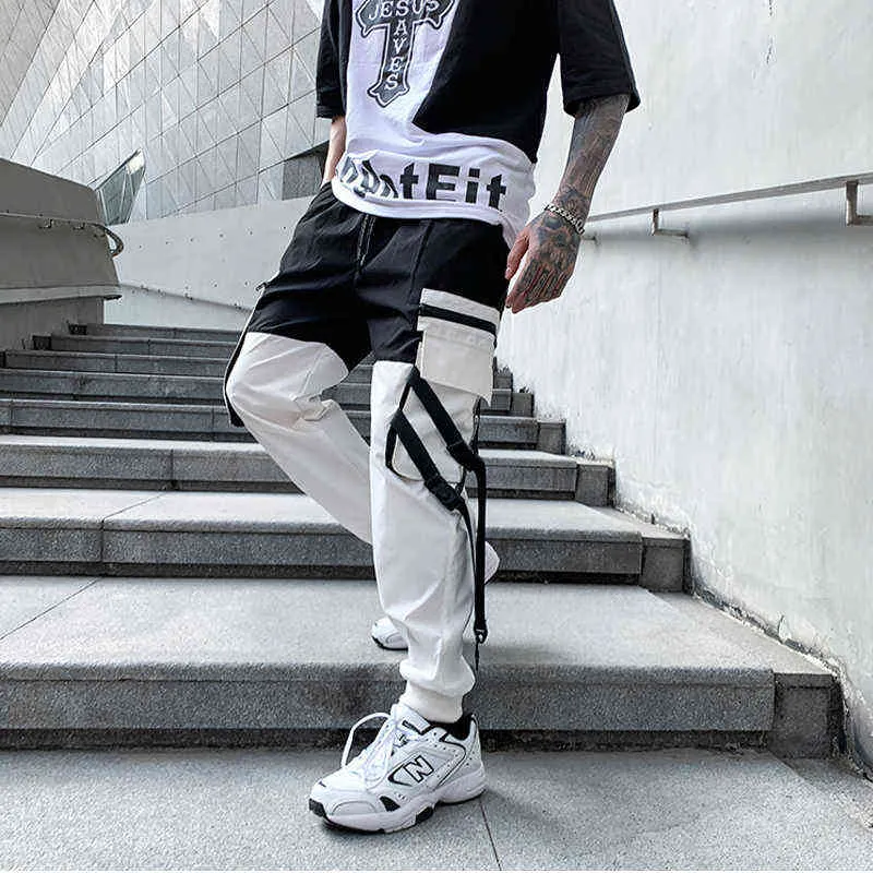 Streetwear Patchwork Cargo Pants Uomo Jogging Pantaloni sportivi Pantaloni moda Hip Hop Ribbon Design Harajuku Cargo Pant Uomo HG116 H1223