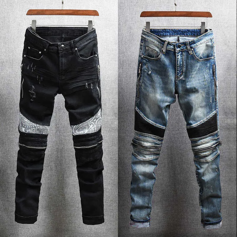 Amerikanska streetwear mode män jeans slim fit elastic bomull denim rippade punk byxor patches designer hip hop biker byxor