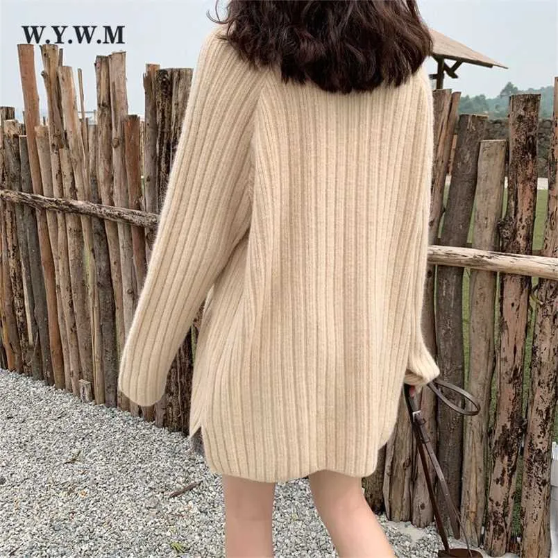 WYWM Mid-length Knitted Fashion Sweater Women Autumn Loose Basic Vertical Stripes Pullovers Ladies Korean Bottoming Jumper 211007