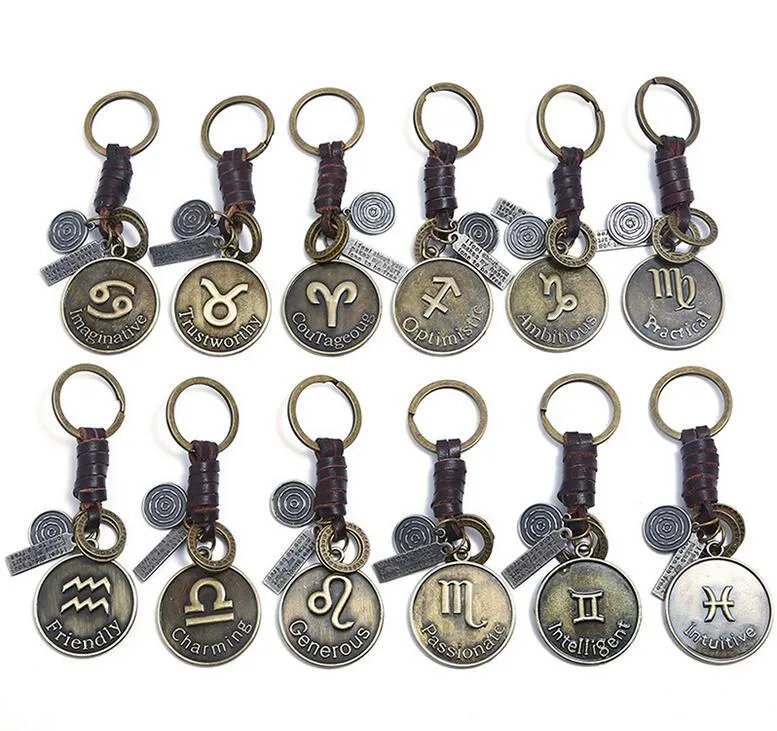 12 Constellation Keychain Cowhide Zodiac Keychains Retro Woven Key Chain Bronze Keyring for Birthday Gift Wholesale