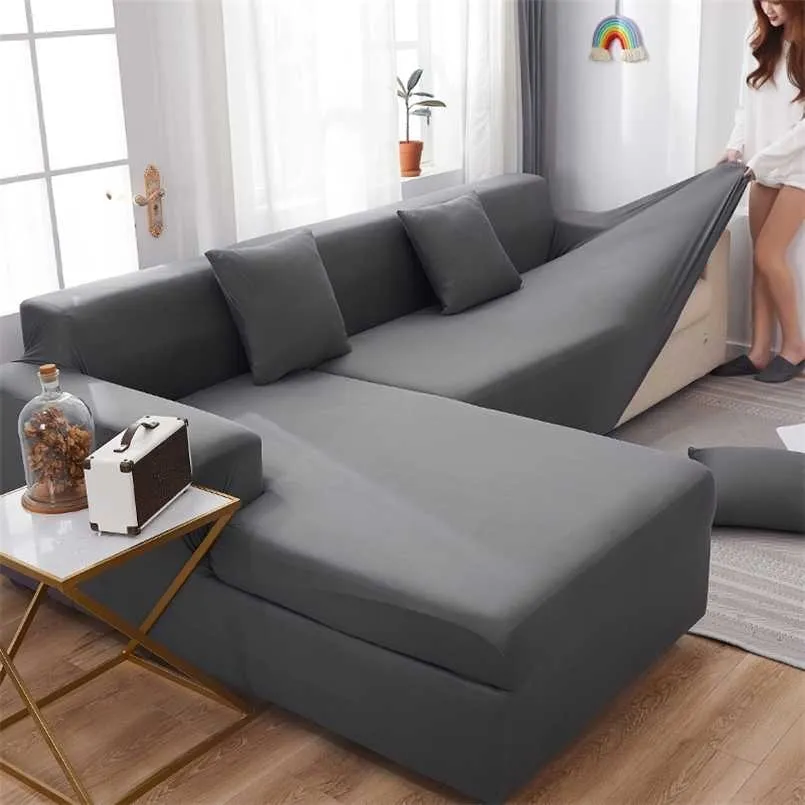 Solid Color Corner Sofa Covers voor Woonkamer Elastische Spandex Slipcovers Couch Cover Stretch Handdoek L Vormbehoefte Koop 2piece 211116