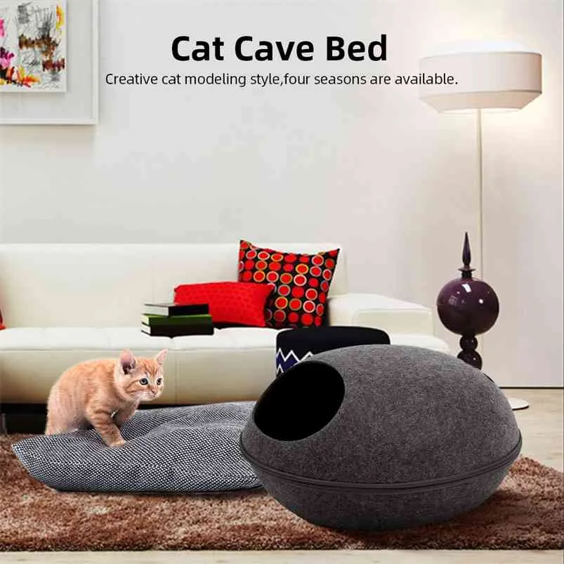 Avtagbar kattbädd med kudde naturligt filtdjur grotta dragkedja andningsbar katthus säng katthytt säng för katter husdjur tillbehör 210722