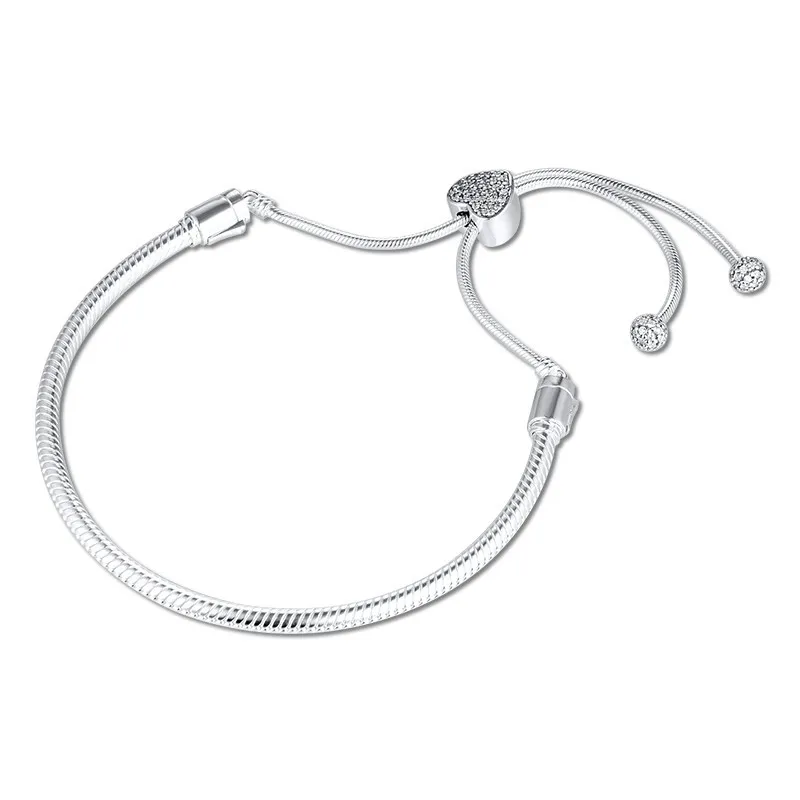 Moments Pave Heart Clasp Snake Chain Slider Bracelet 2020 Arrival 925 Sterling Silver Bracelets Women DIY Charms Jewelry