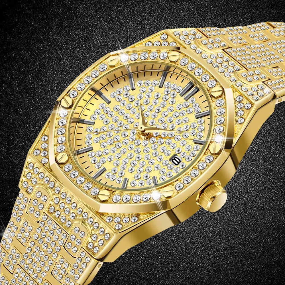 Montre en or 18 carats pour hommes, à Quartz, en acier inoxydable, horloge d'affaires, étanche, Date ICE OUT, diamants, Relogio Masculino, nouveau