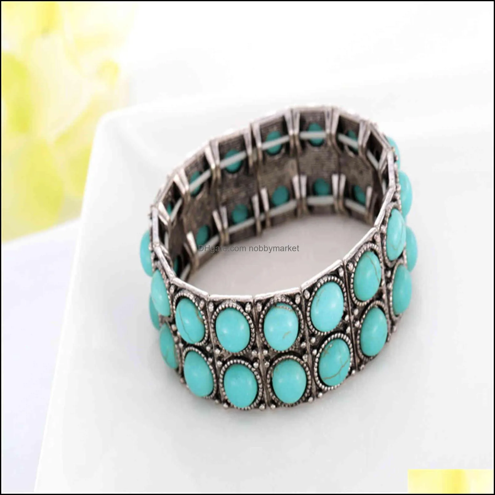 Pine stone alloy ancient silver wide face Elastic Bracelet for women